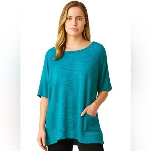 Ali Miles Blouse Women's Size Petite Large Artsy Burnout Knit Crew Knit blue NEW